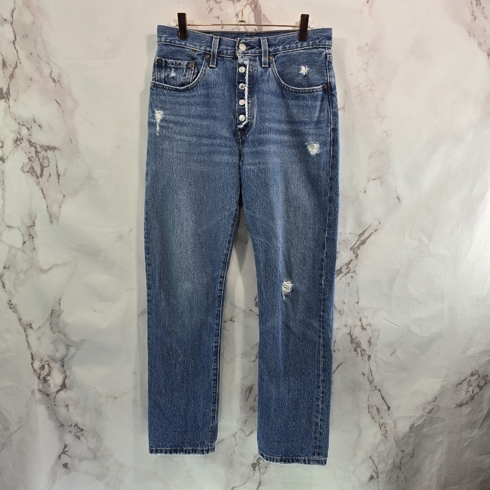 Levis 501 Jeans Womens 26 X 27 Distressed Exposed Button High Rise Denim Crop